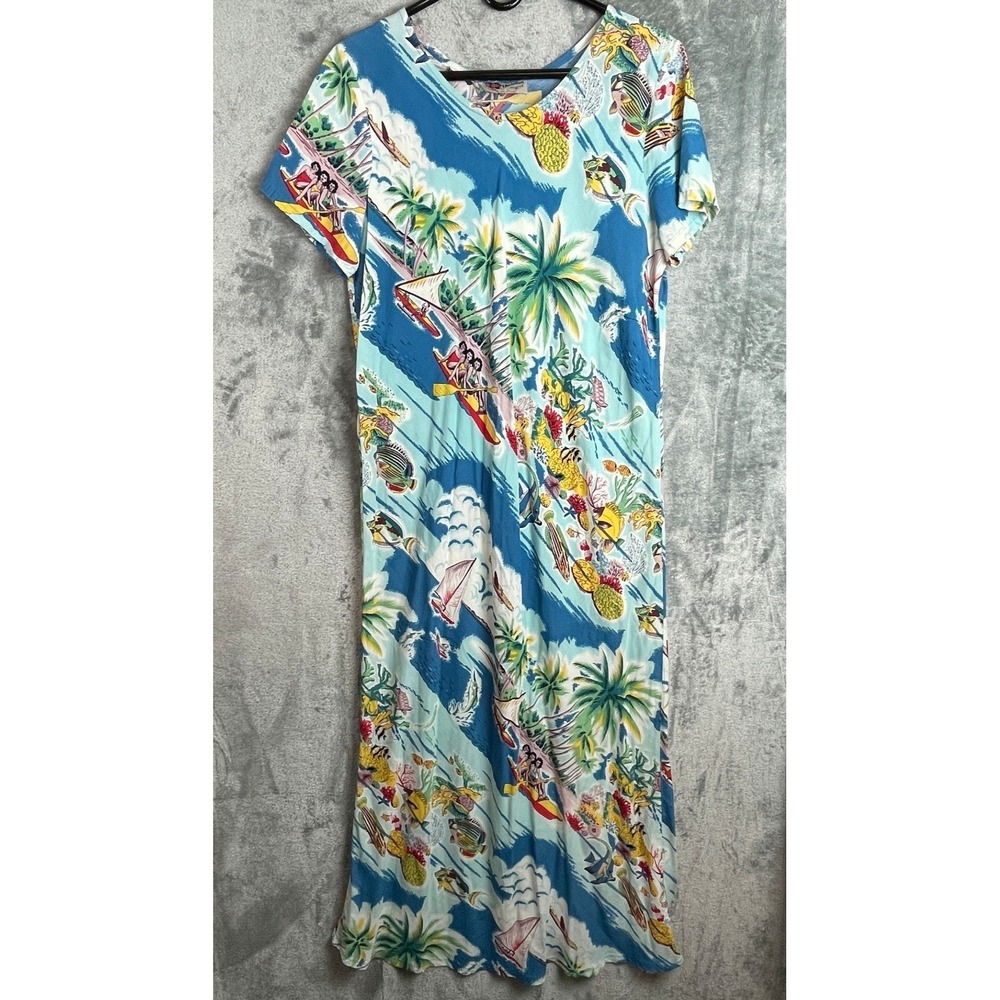 Hilo Hattie MuuMuu Large Blue Boats‎ Fish Girls Lounge Vintage Luau Maxi Dress
